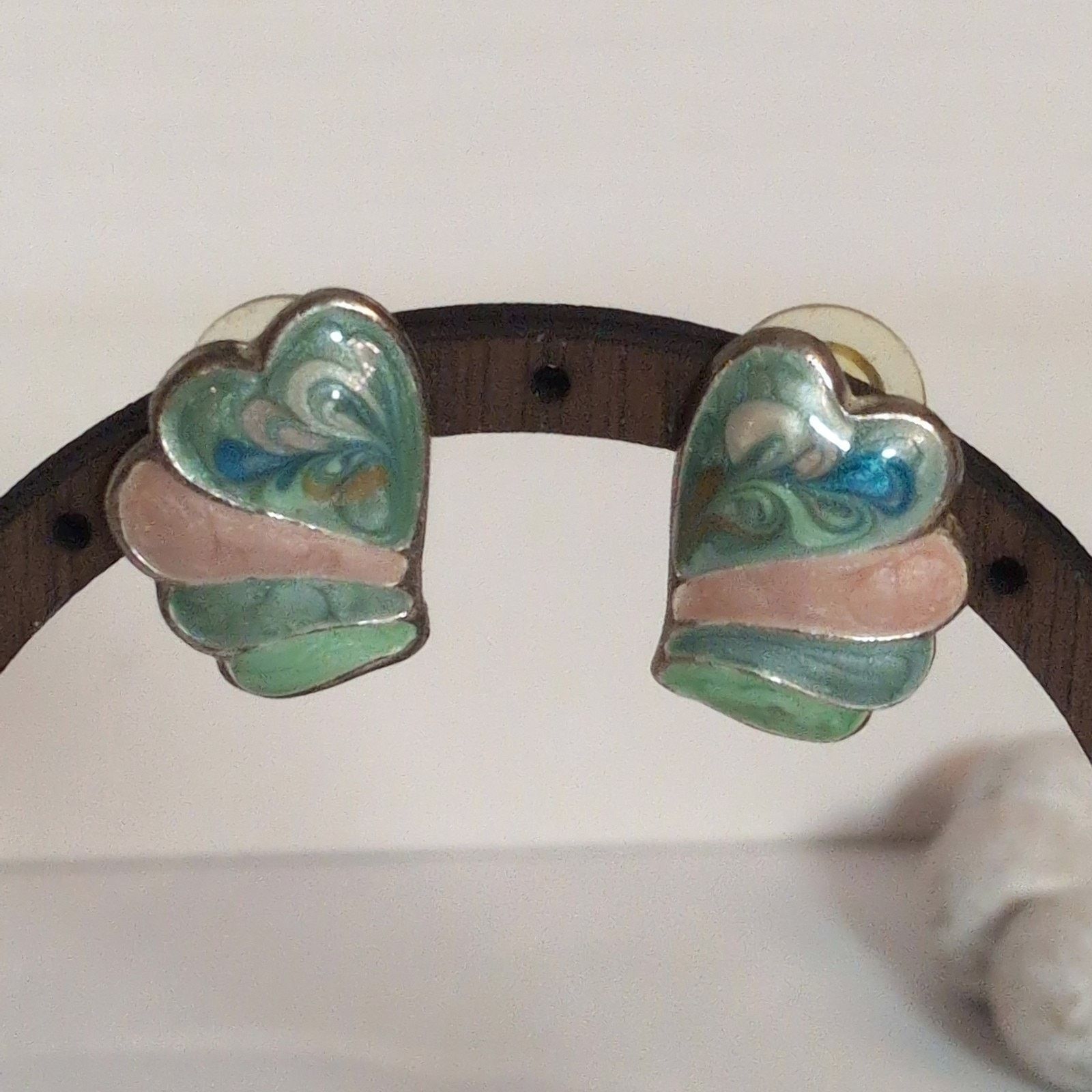 Other VTG 1980s Mint Green & Tan Cloisonne Heart-Shaped Earrings Size ONE SIZE - 3 Thumbnail