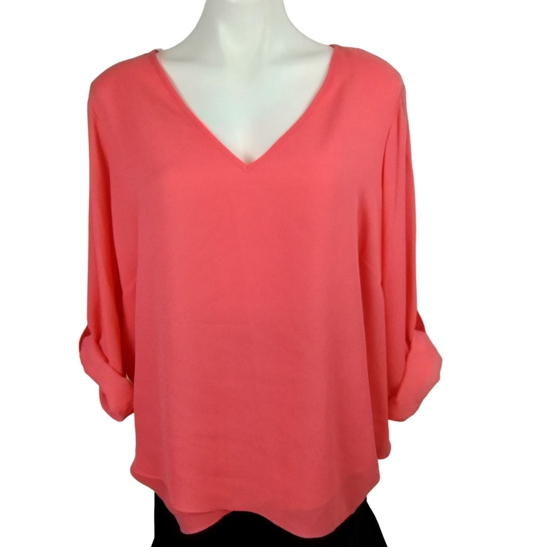Other Zac and Rachel Womens 2X Pink V-Neck Rolled Sleeve Blouse wi Size 3XL / US 20-22 - 1 Thumbnail
