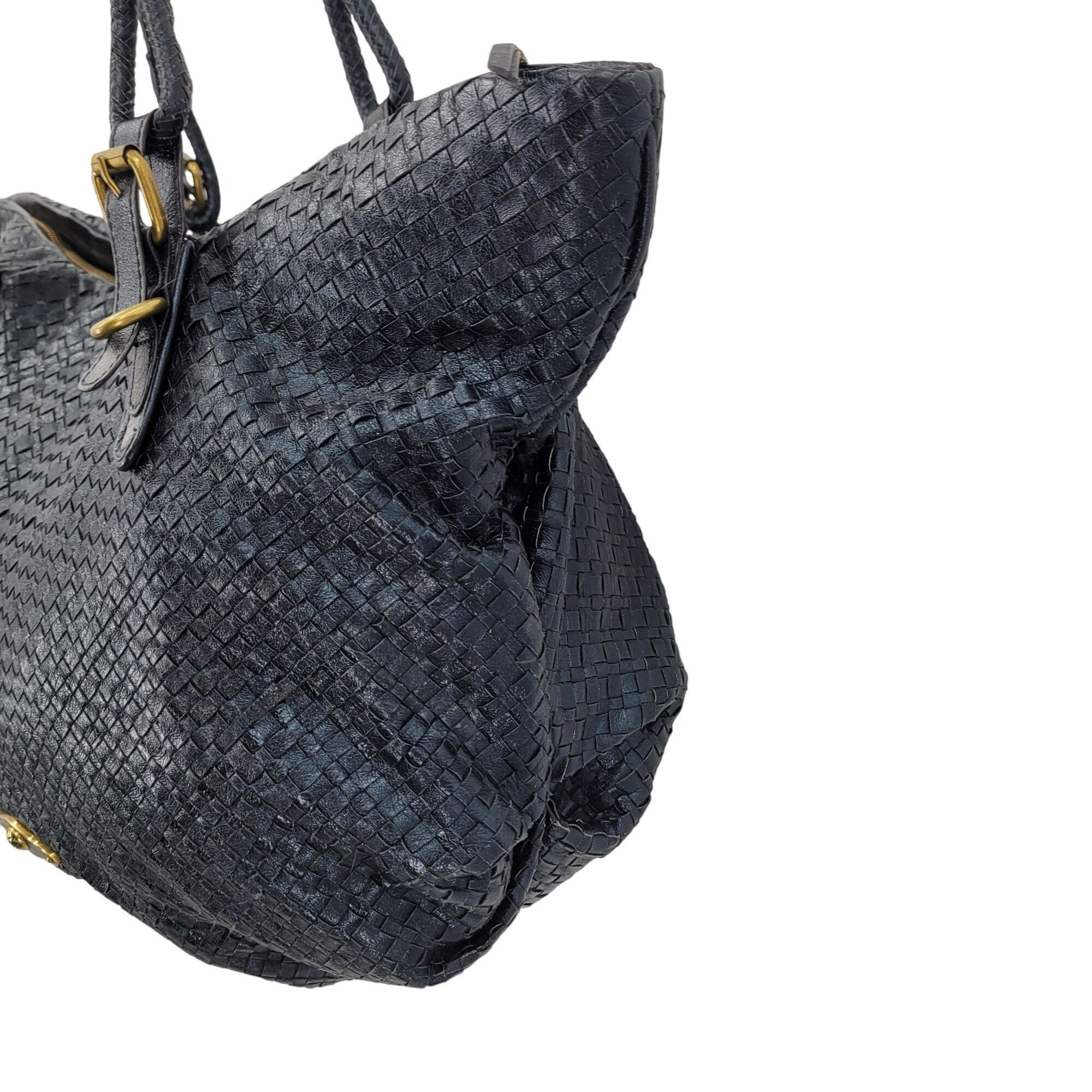 Designer Elliott Lucca Black Basket Woven Leather Shoulder Bag Dual H Size ONE SIZE - 8 Thumbnail