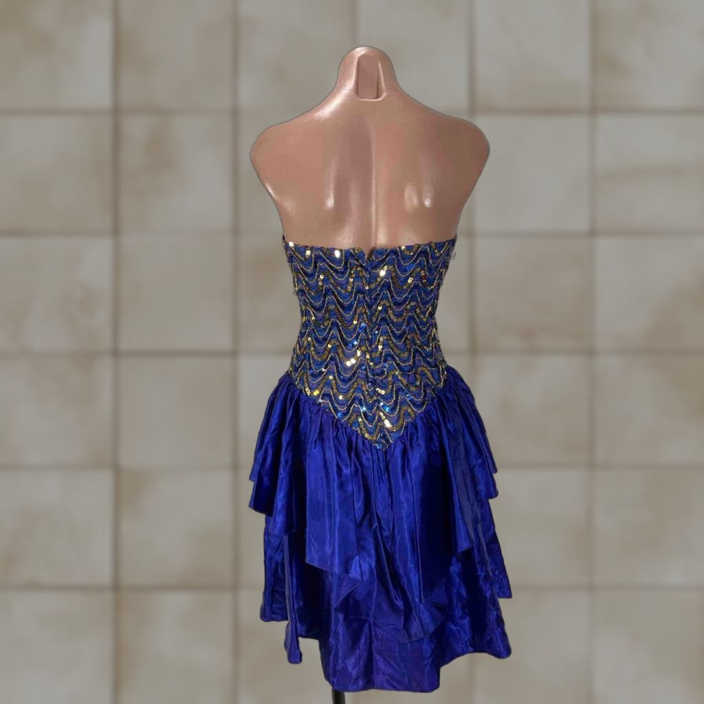 VINTAGE 80s Blue Gold Iridescent Sequin Tiered Satin Prom Dress SZ 8
