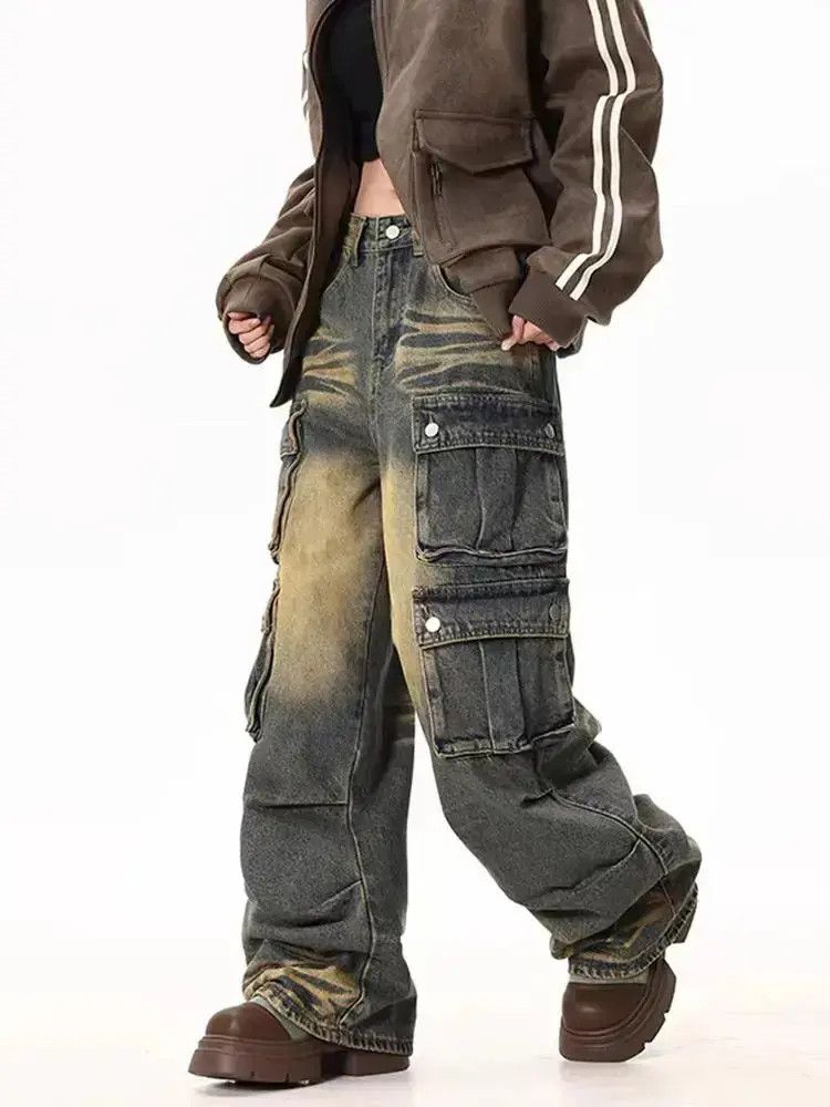 Japanese Brand Washed yellow clay multi-pocket design wide leg baggy jeans Size US 32 / EU 48 - 4 Thumbnail