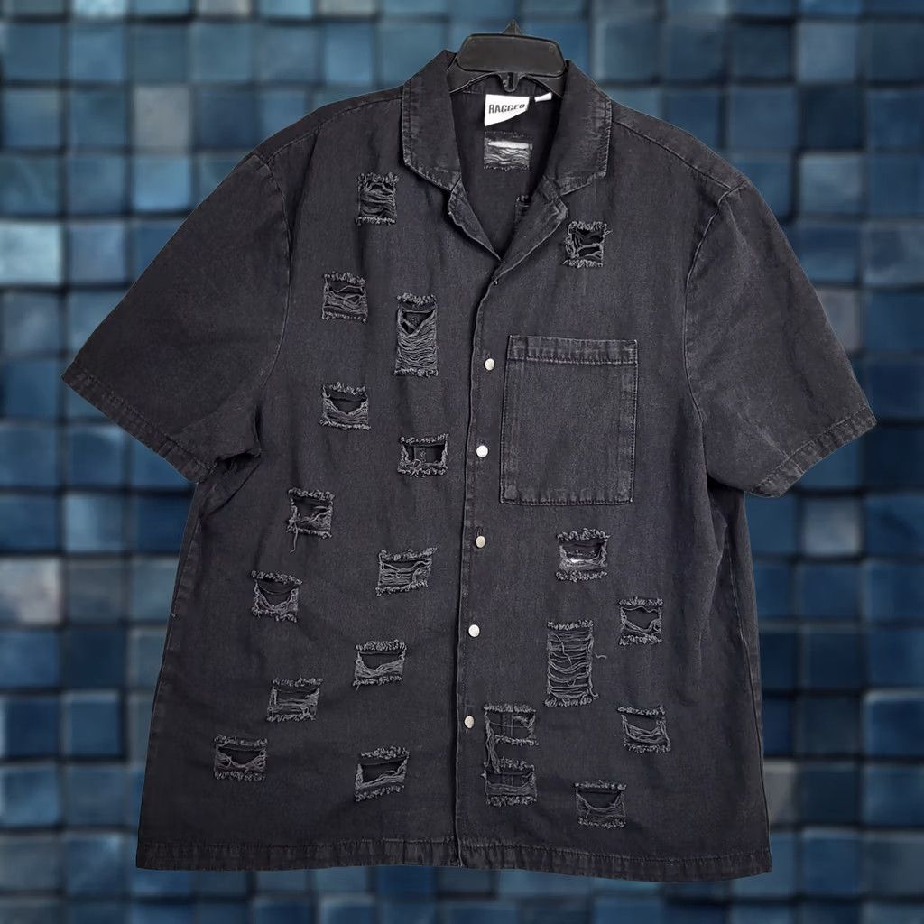 Vintage Ragged Jeans Button-Up Shirt Unisex Adults Black Short Sleeve Size L - Cotton, Button, Casual, Regular Fit Size US L / EU 52-54 / 3 - 1 Thumbnail