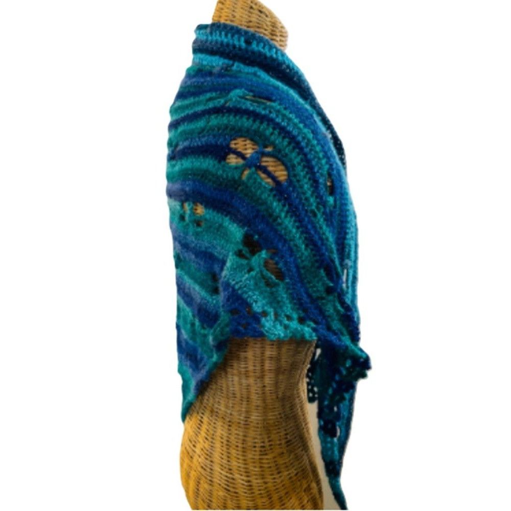 Handmade Crochet Shawl Cowl Wrap Dragonfly Cut Outs Blue Green 68" x Size ONE SIZE - 5 Thumbnail