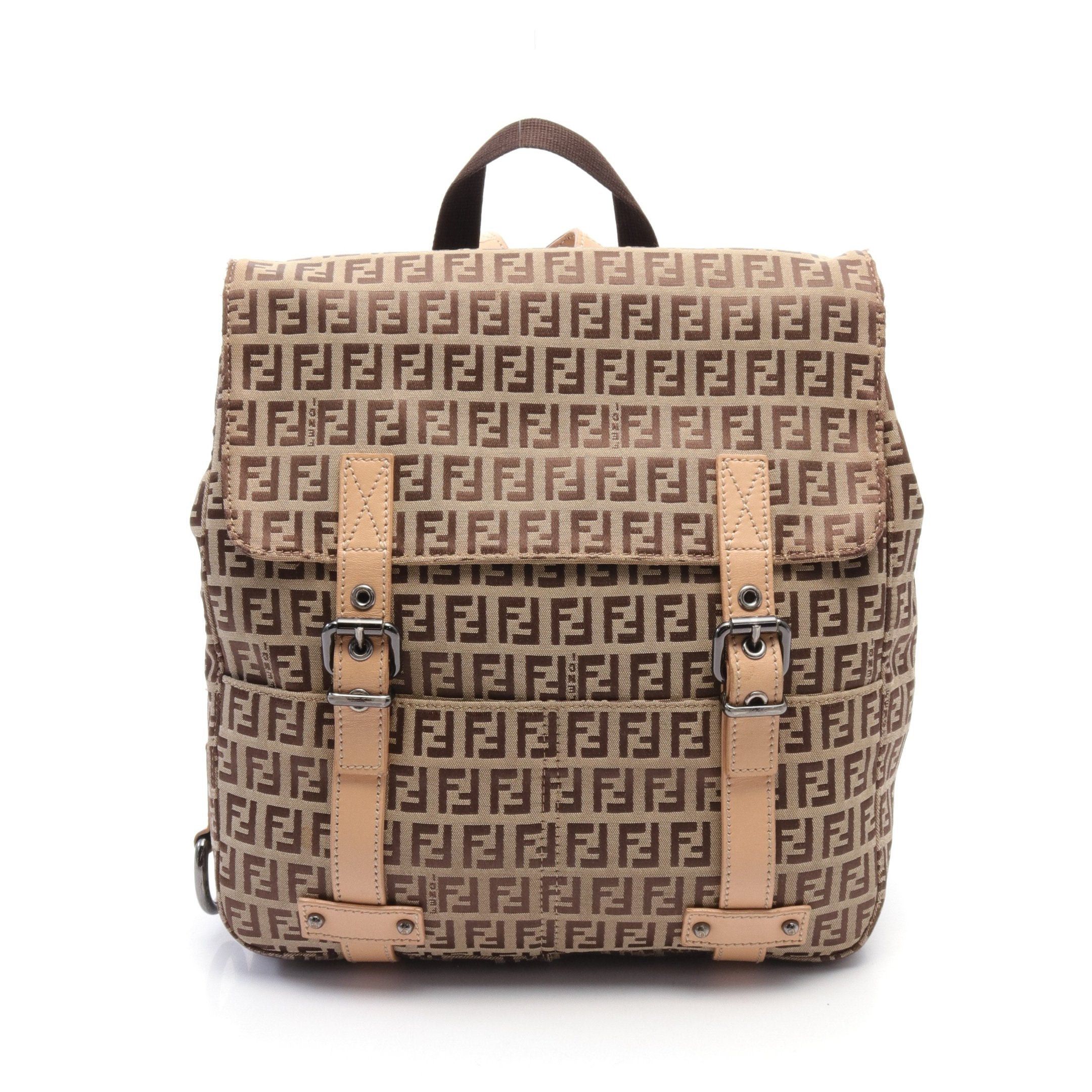 Fendi Zucchino Backpack Rucksack Canvas Leather Beige Dark Brown