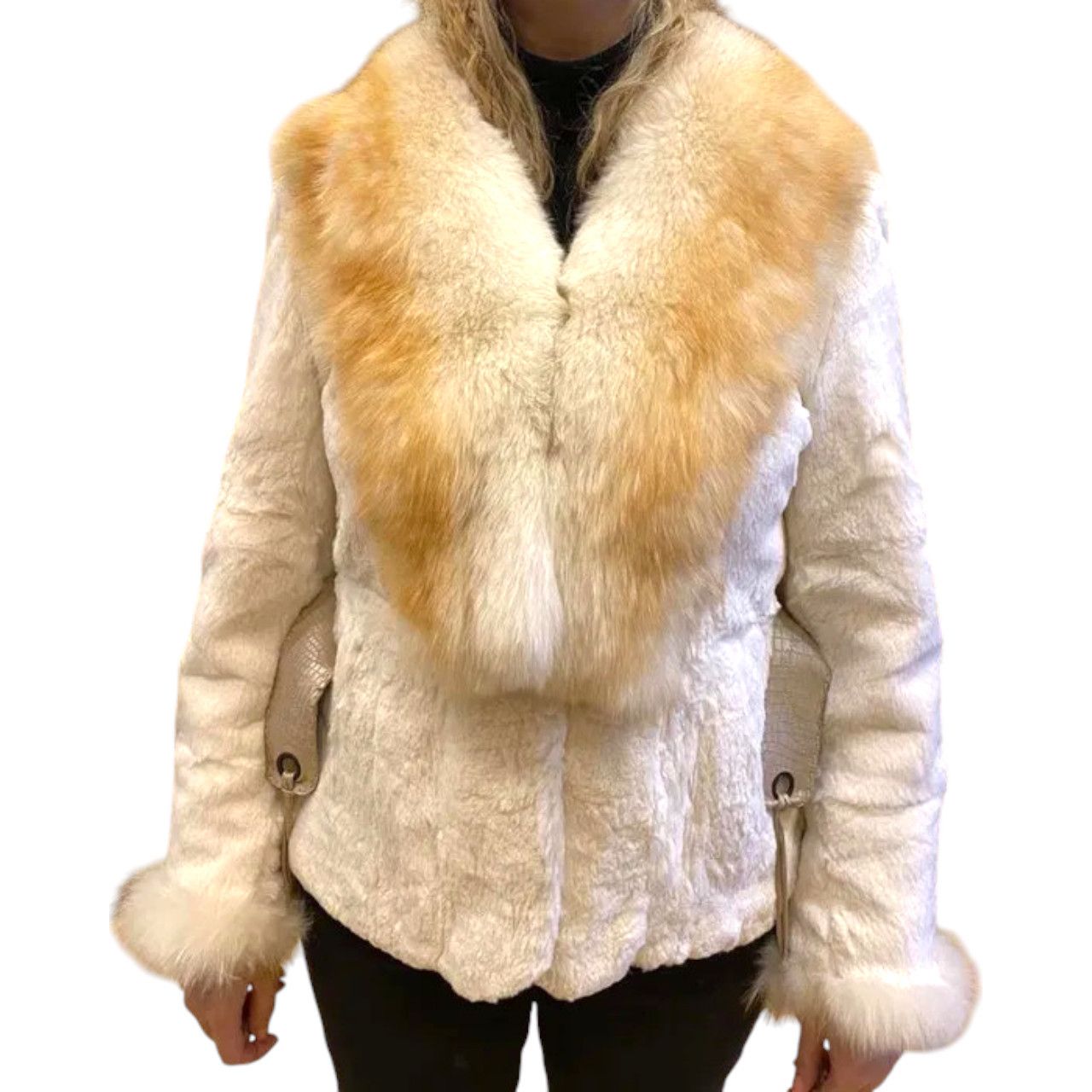 Chinchilla and rabbit fur coat with a fox fur collar sz M