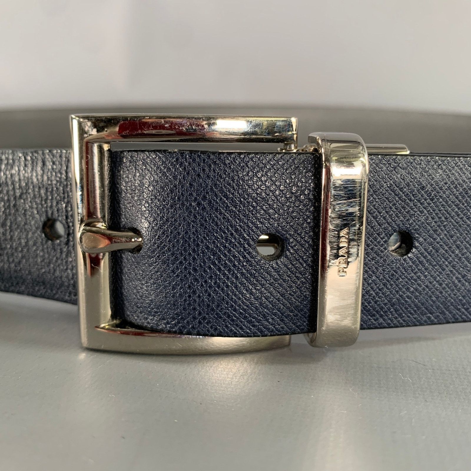 Prada PRADA Size 40 Navy Grey Crackled Leather Belt Size 40 - 2 Thumbnail