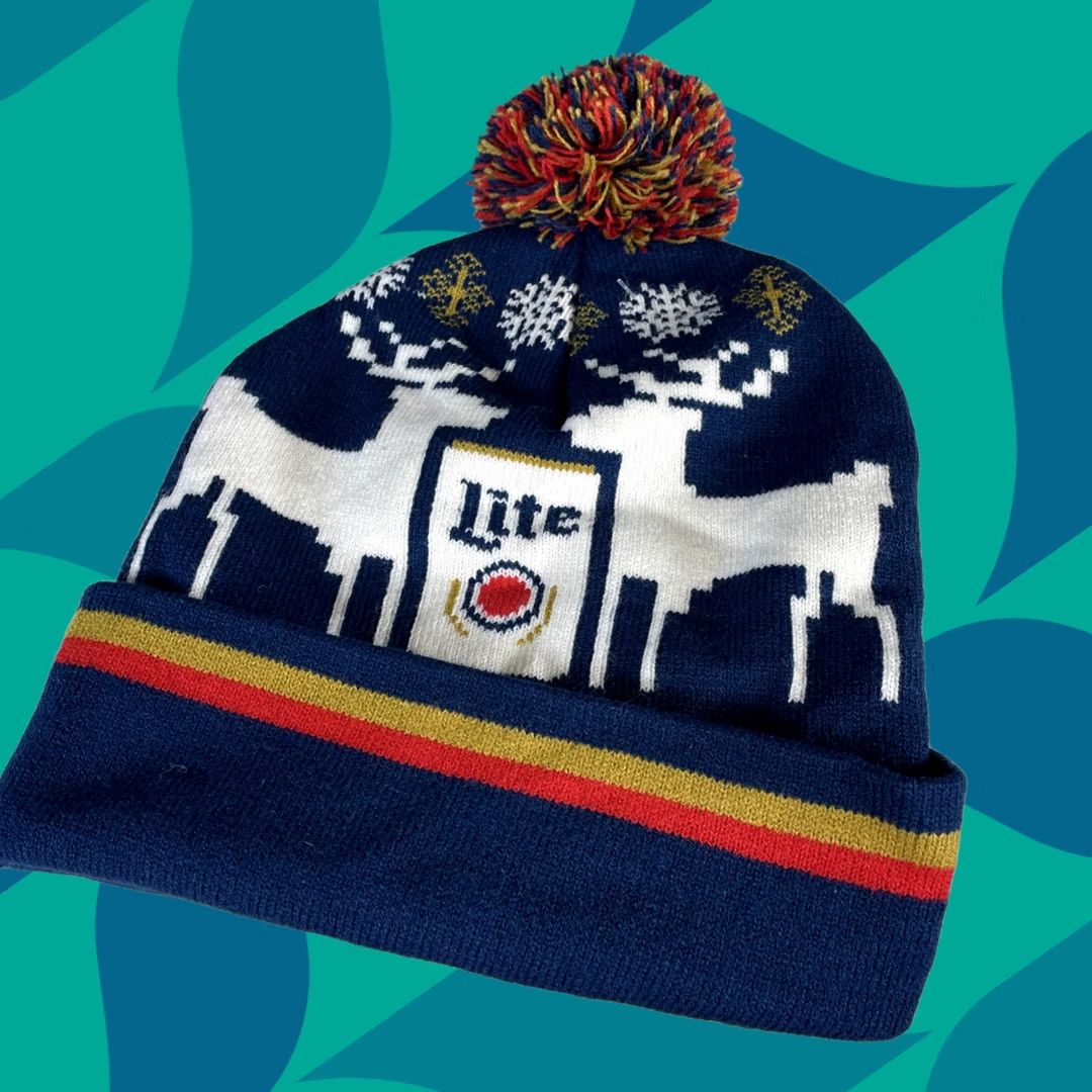 Vintage Lite Beanie One Size Fits Most Winter Pom Reindeer Deer Pom Winter Beer Snow Beanie Unbranded Knit Geometric Blue Unisex Adults Mens Womens Boys Girls Size ONE SIZE - 1 Thumbnail