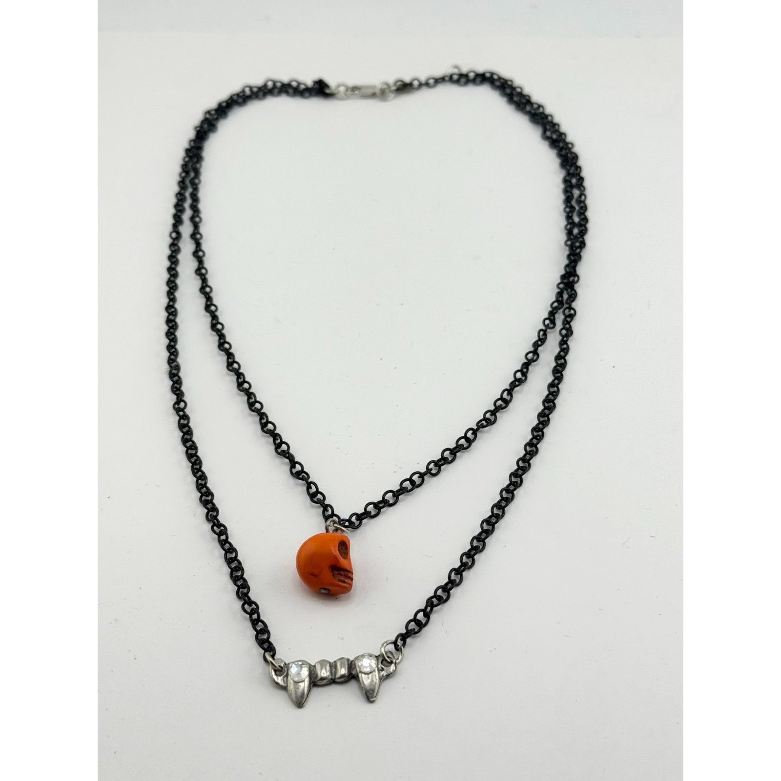 Vintage Orange Howlite stone skull rhinestone fangs double chain Hal Size ONE SIZE - 2 Thumbnail