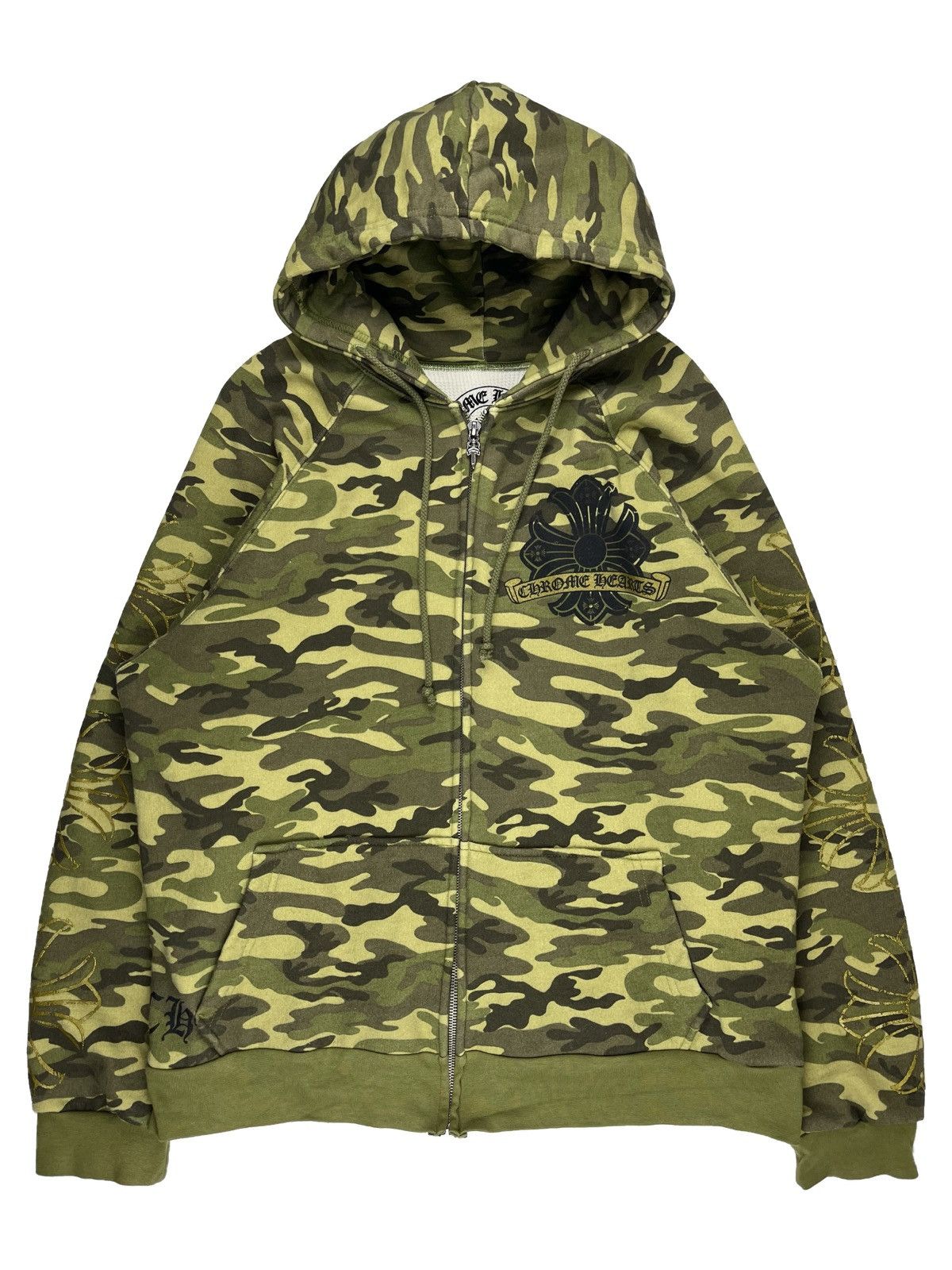 image of Chrome Hearts Camouflage Plus Horseshoe Logo Zip Up Hoodie, Men's (Size Medium)