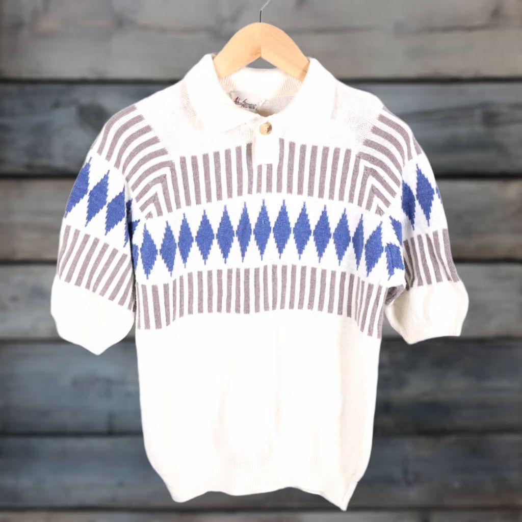 Vintage VINTAGE Adam Spencer Polo Shirt Men 90s Knit Diamond Pattern White Blue Medium Short Sleeve Cotton Ramie Size US M / EU 48-50 / 2 - 1 Thumbnail
