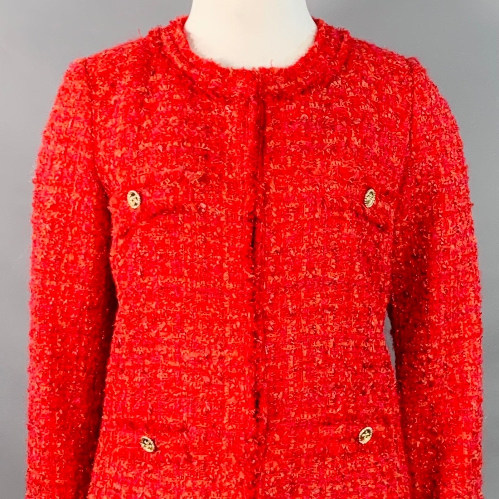 Other WEILL PARIS Red Acrylic Blend Tweed Hook Eye Collarless Coat Size L / US 10 / IT 46 - 2 Thumbnail