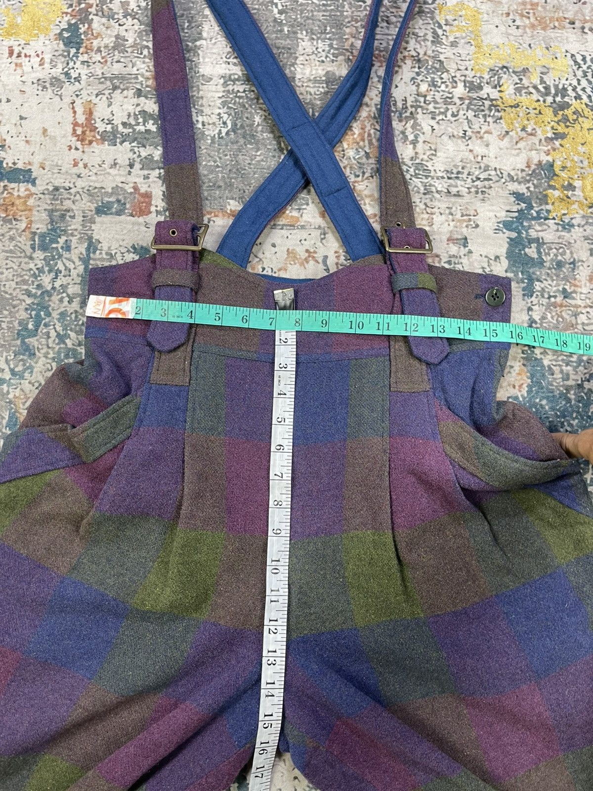 Japanese Brand Vintage Boho Patchwork Plaid Wide Leg Wool Dungaree Size US 30 / EU 46 - 10 Thumbnail