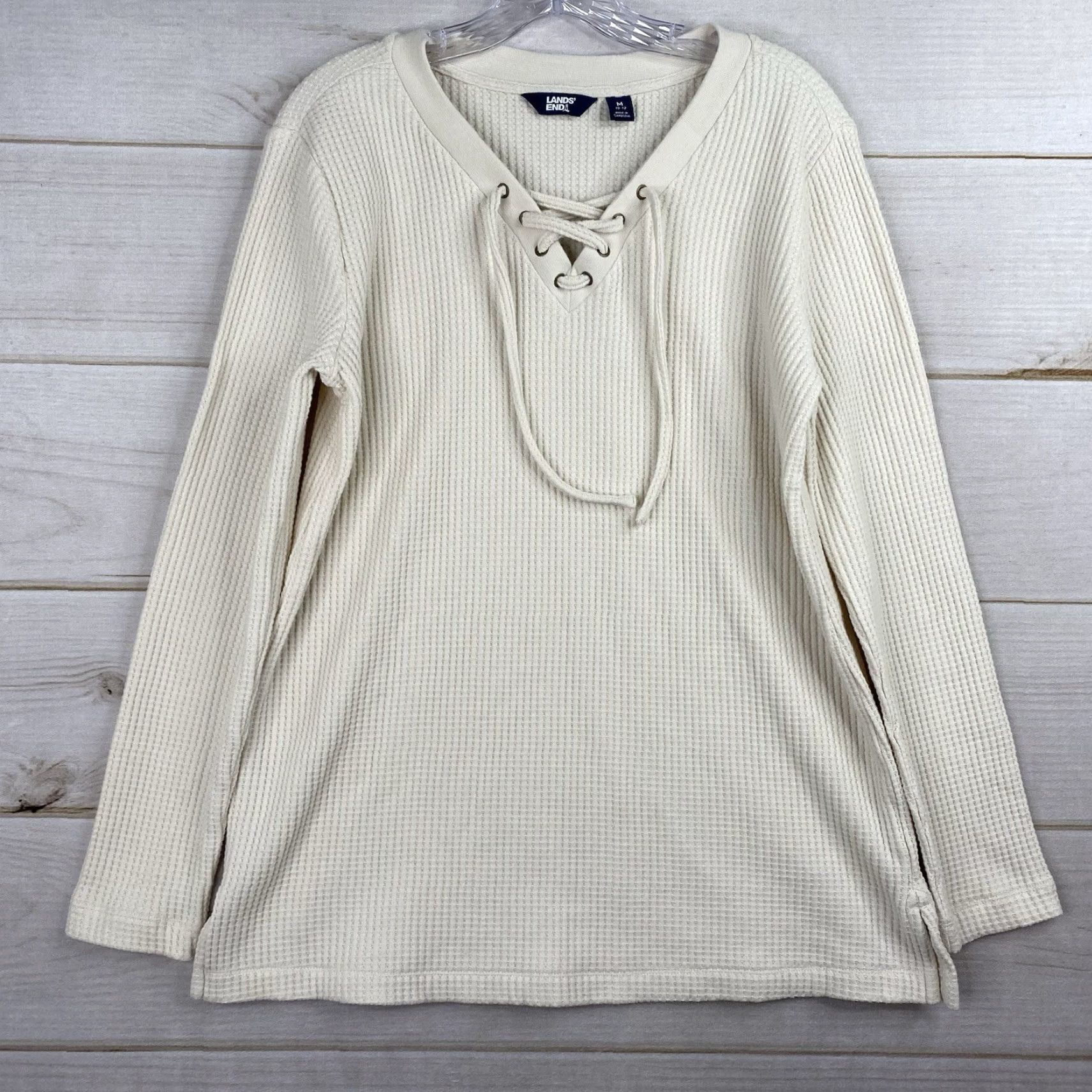 Lands' End Lands' End Top Womens M Cream Pullover Thermal Waffle Knit Lace Up Medium Weight Shirt Adult M Ivory Classic Casual 90s? Size M / US 6-8 / IT 42-44 - 2 Thumbnail