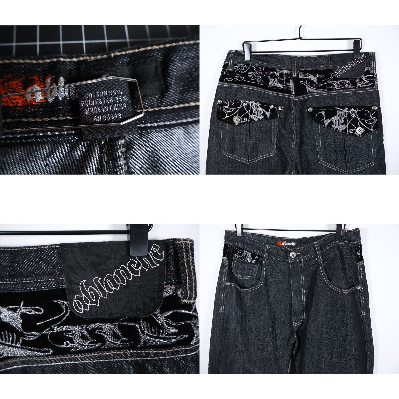 Vintage Ablance Vintage Wide Leg Jeans Men's 34 x 32 Black Denim Velvet Pockets Baggy VTG 90s Hip Hop Retro 5-Pocket Style Jeans Mens Size US 35 - 9 Thumbnail