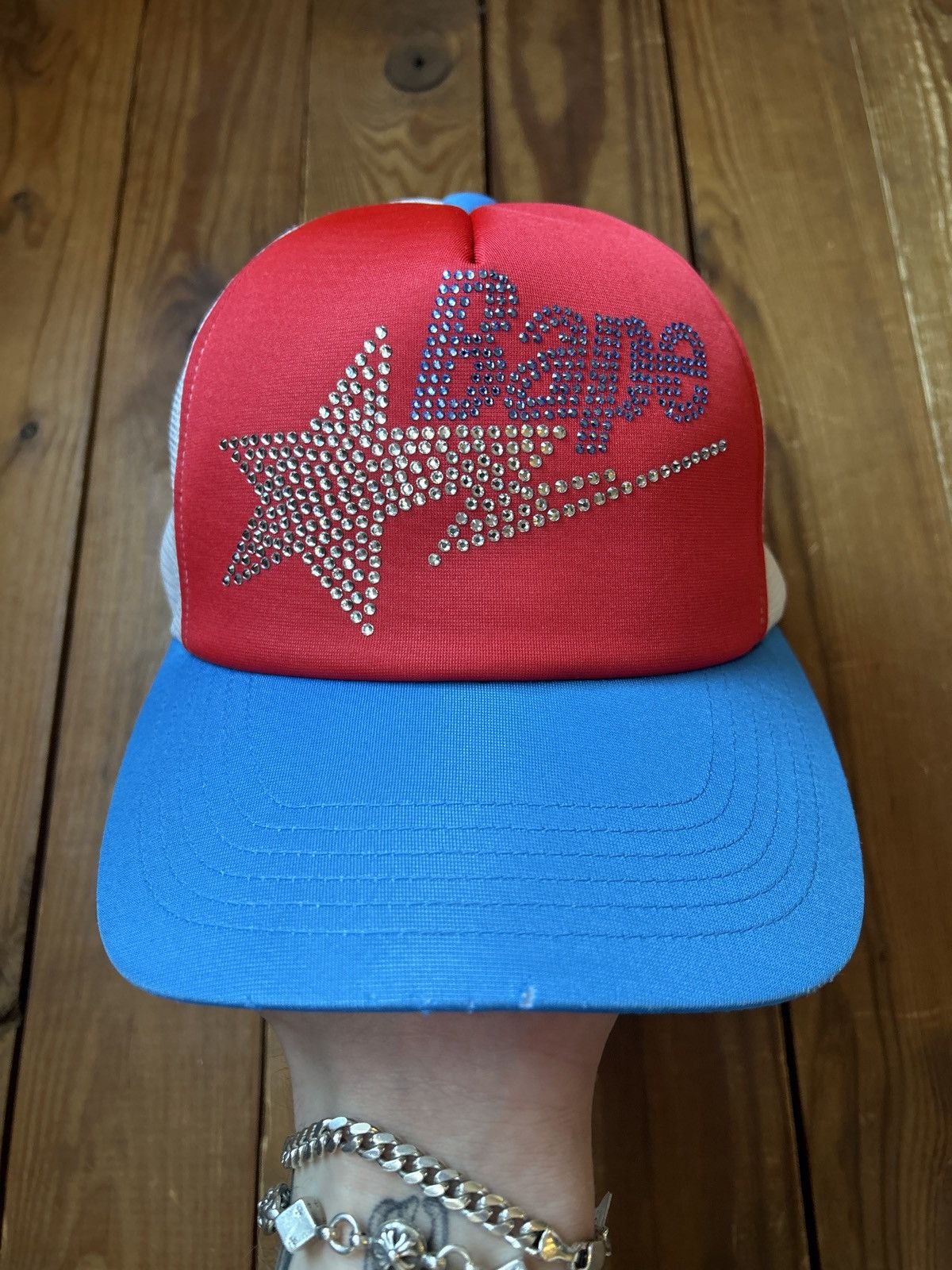 Bape × Swarovski × Vintage Bape x Swarovski 2006 Nigo Era Red Blue Trucker Hat Size ONE SIZE - 1 Thumbnail