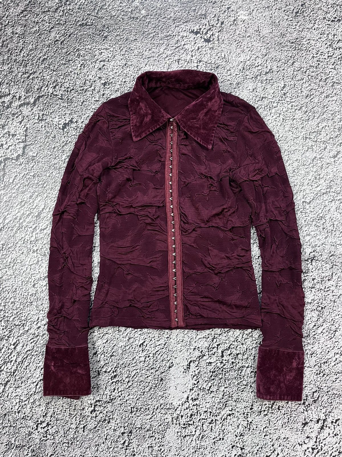 Vintage Y2K Gothic Velvet Hook Front Textured Burgundy Shirt Size S / US 4 / IT 40 - 1 Thumbnail