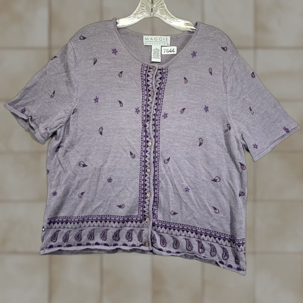 Vintage VINTAGE Maggie McNaughton Women's Blouse 1X Knit Short Sleeve Purple Paisley Embellished Bohemian Art Casual Size XL / US 12-14 / IT 48-50 - 1 Thumbnail