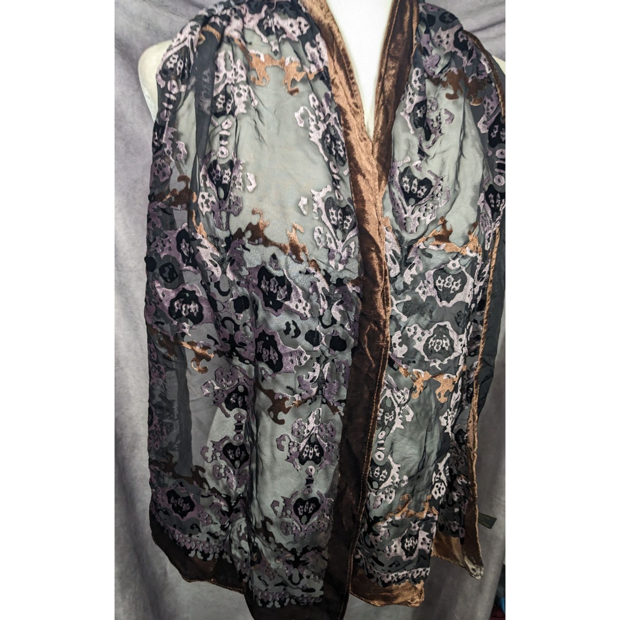 Other Brown And Lilac Gothic Damask Velvet Burnout Scarf Size ONE SIZE - 8 Thumbnail