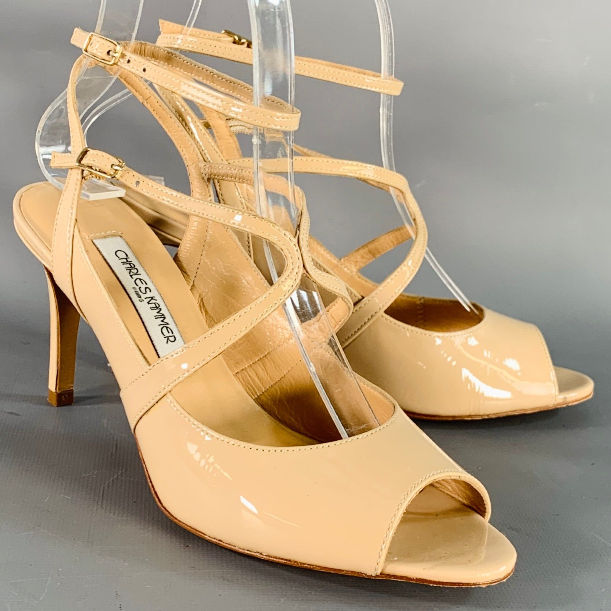 Designer Charles Kammer 6 Beige Nude Patent Leather Peep Toe Strappy Shoes, Women's