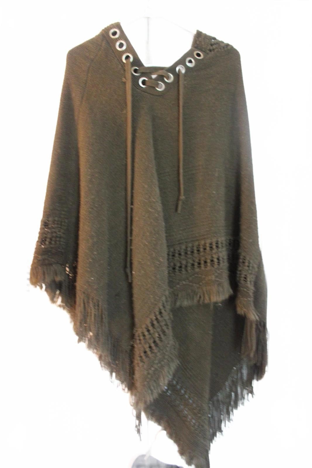 Unknown London Dark Green Knit Poncho w Fringe and Lace-up Neck One Size Size ONE SIZE - 1 Thumbnail