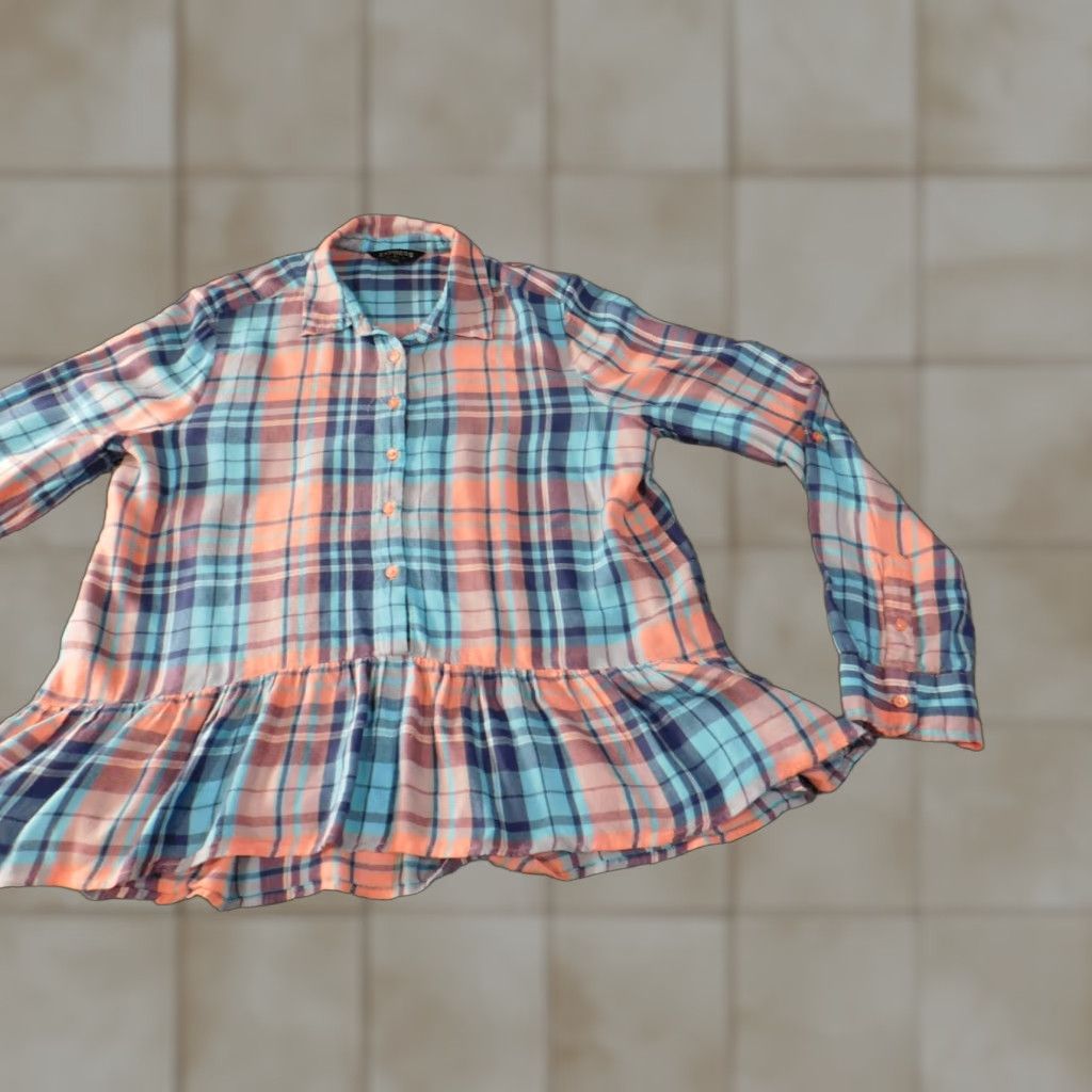 Express Express Button-Up Shirt Women M Blue Plaid Flannel Rayon Peplum Casual Shirt Size M / US 6-8 / IT 42-44 - 1 Thumbnail