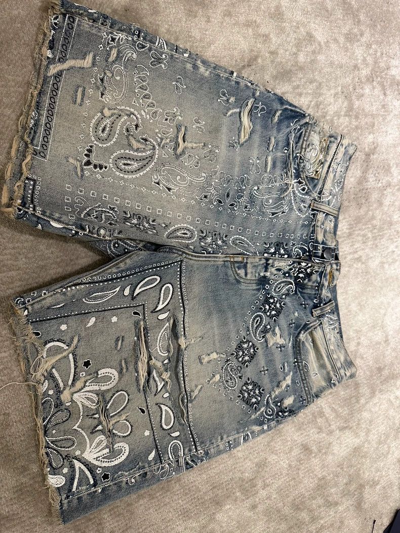 Amiri Amiri Pineapple Flower Blue Destroyed Denim Shorts Size US 32 / EU 48 - 1 Thumbnail