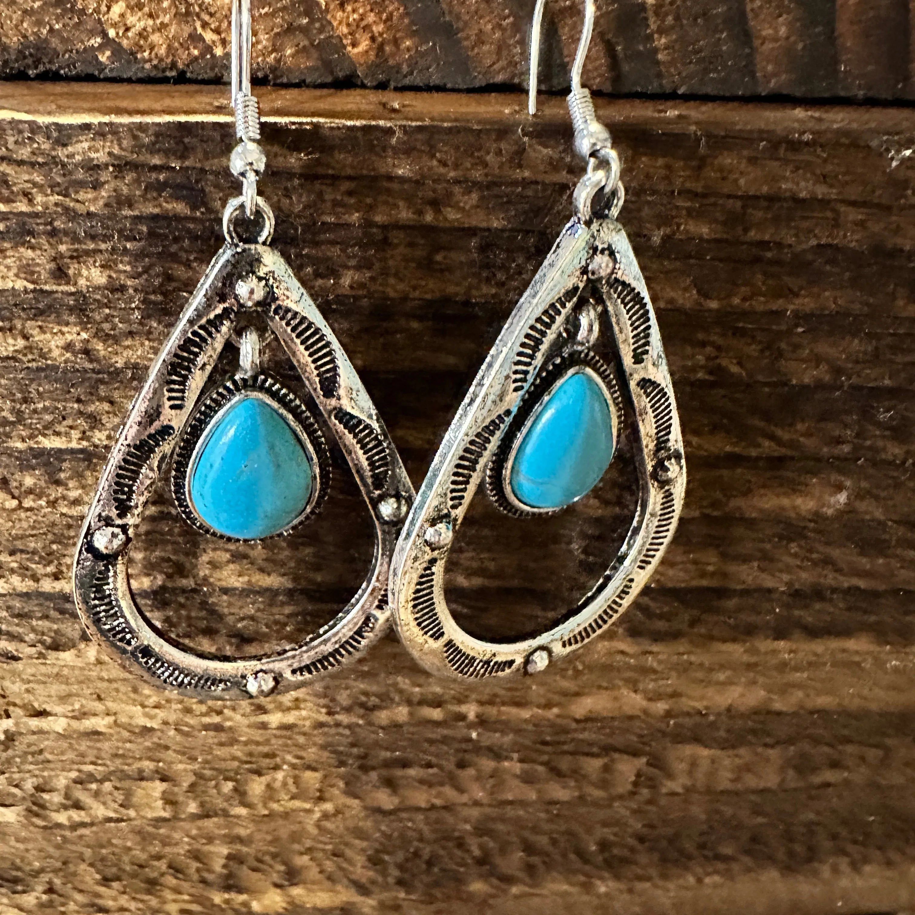 Other Boho Hippie Cowgirl Western Stamped Turquoise Teardrop Silve Size ONE SIZE - 3 Thumbnail