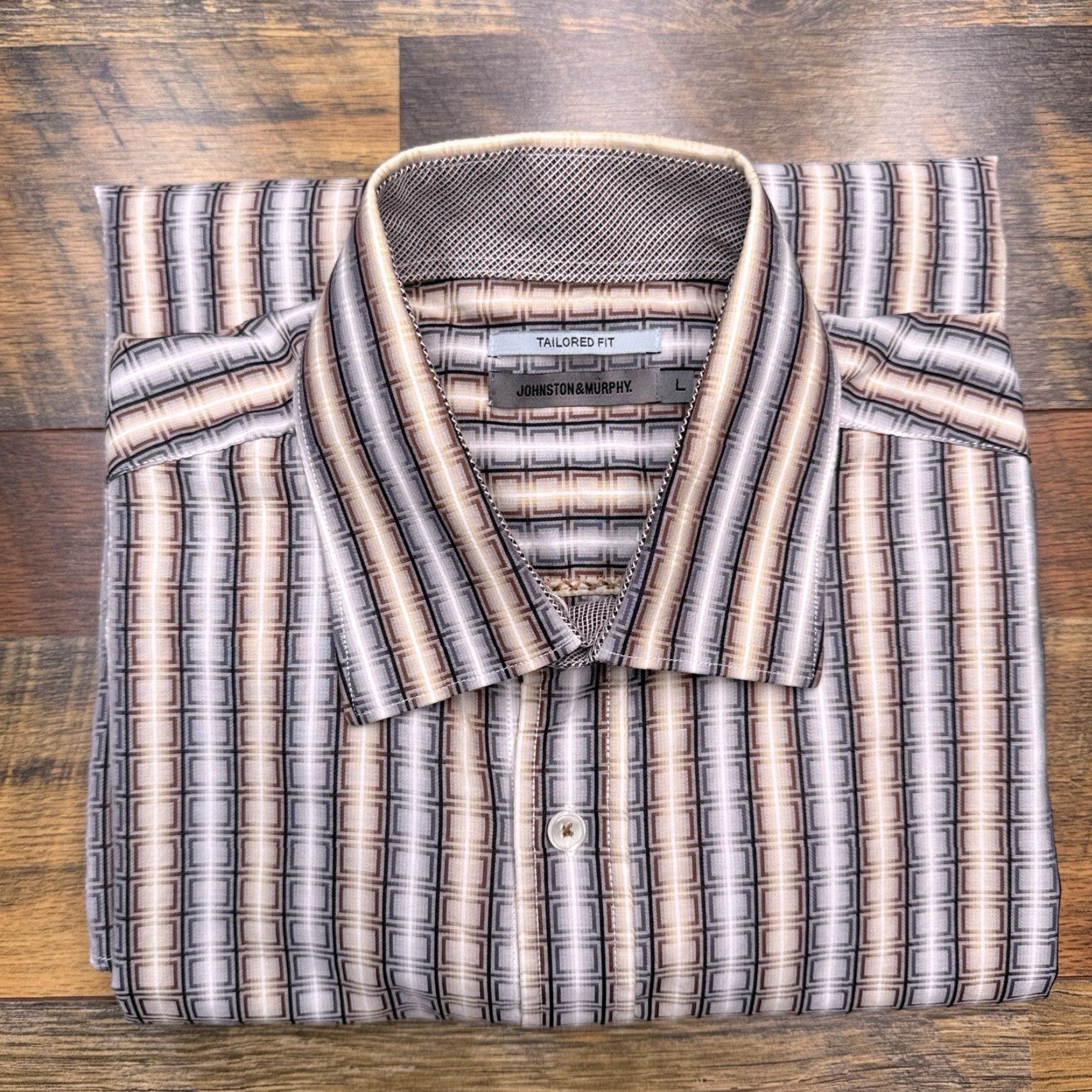 Johnston & Murphy Johnston & Murphy Shirt Mens Large Tan Geometric Button Up Slim Fit Long Sleeve Brown cotton Button-Up Size US L / EU 52-54 / 3 - 2 Thumbnail