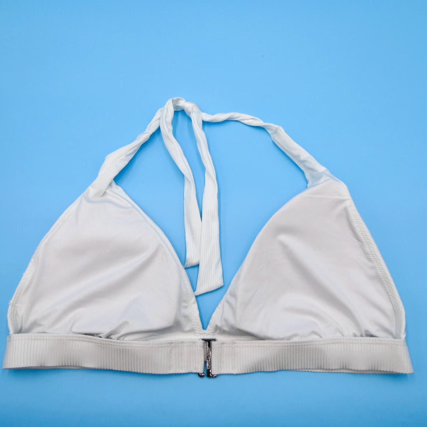 Victoria's Secret XL White Ribbed Havana Triangle Push Up Halter Bikini Top Swim Shirt Womens Beach DD Cup Quick Dry Logo Strap