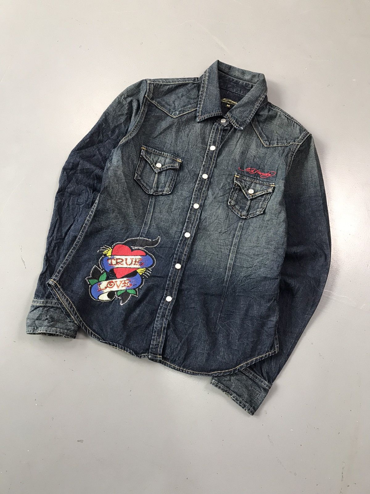 Christian Audigier × Ed Hardy × Vintage Vintage Edhardy true love embroidered denim shirt Size M / US 6-8 / IT 42-44 - 1 Thumbnail