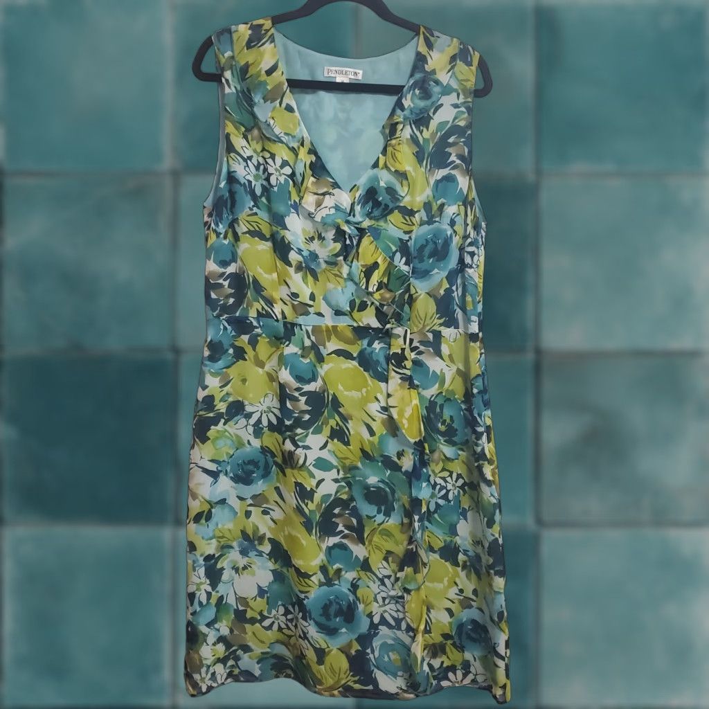 Pendleton VINTAGE Pendleton Dress Women 14 Blue Green Floral Silk Sleeveless Ruffles Lined Knee Length V-Neck Side Zip 100% Silk Womens Size XL / US 12-14 / IT 48-50 - 1 Thumbnail