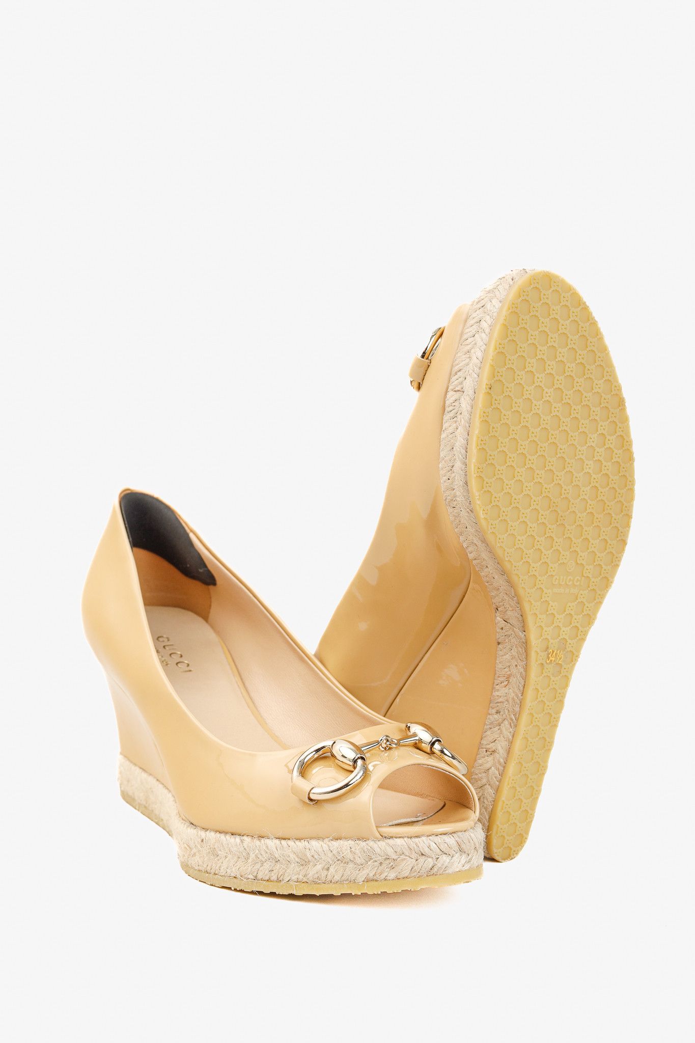 Gucci Gucci Silver Bit Peep-Toe Patent Leather Wedge Espadrille Size US 4.5 / IT 34.5 - 4 Thumbnail