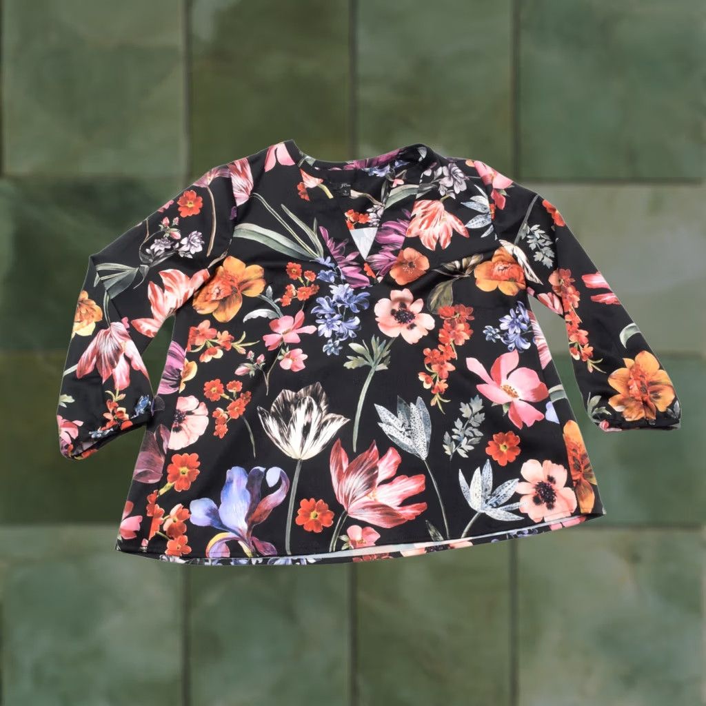 J.Crew J.Crew Midnight Floral Open V-Neck Top Womens S Black Pullover Long Sleeve Size S / US 4 / IT 40 - 1 Thumbnail