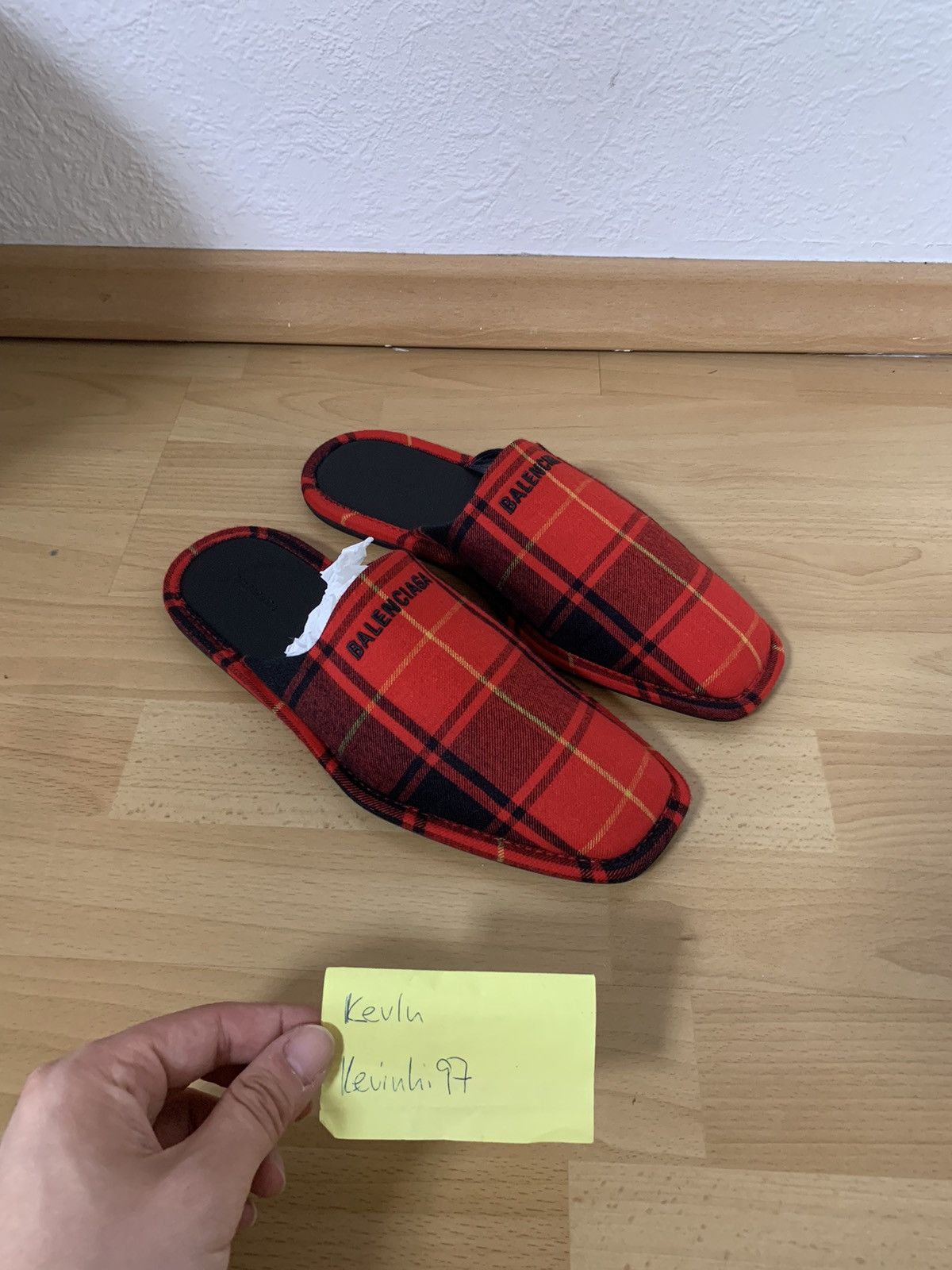 image of 595$ Red Tartan Flannel Balenciaga Slip Ons Shoes, Men's (Size 7)