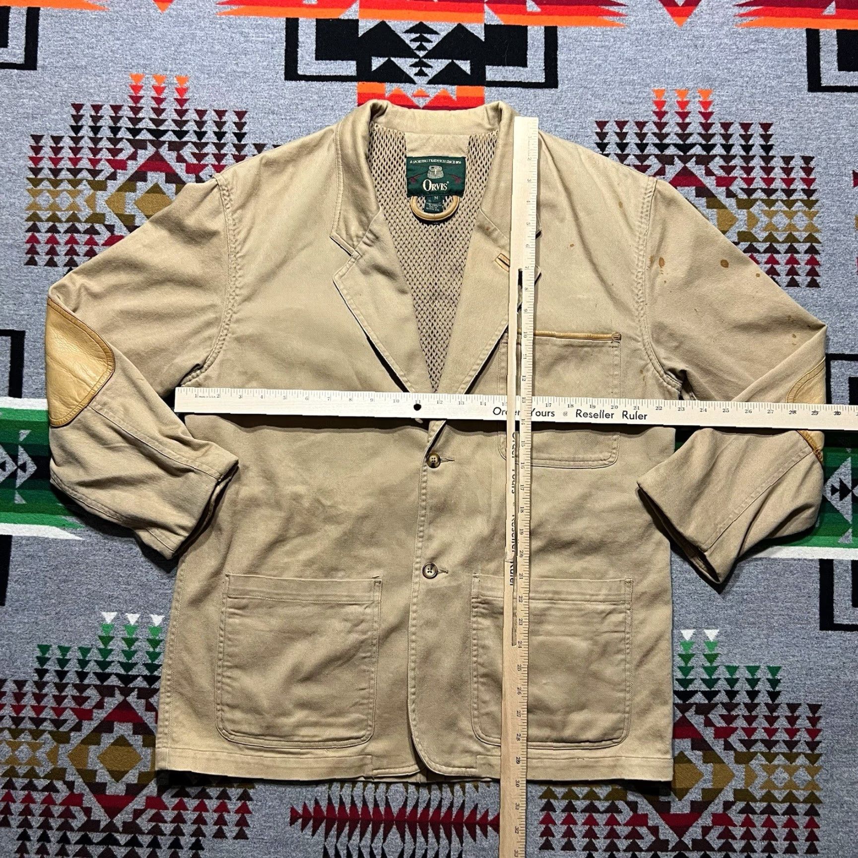VINTAGE Orvis Men's Safari Jacket Medium Tan Cotton Leather Elbow