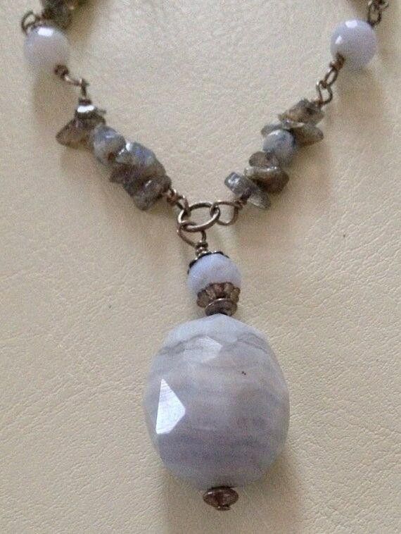 Handmade Silver Rainbow Moonstone Chips Blue Lace Agate Bead Necklace Size ONE SIZE - 2 Thumbnail