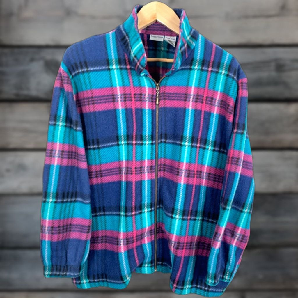 Pinko VINTAGE Cabin Creek 90s Fleece Zip Up Shirt Jacket Women 2X Pink Green Plaid Full Zip Grunge Size XXL / US 16-18 / IT 52-54 - 1 Thumbnail