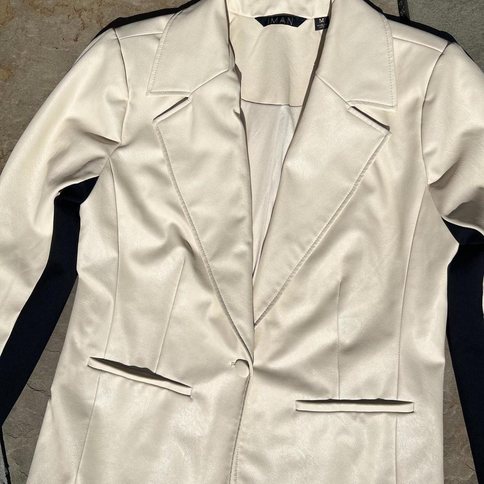 Other Cream Black Contrast Faux Leather Blazer Jacket Size M / US 6-8 / IT 42-44 - 2 Thumbnail