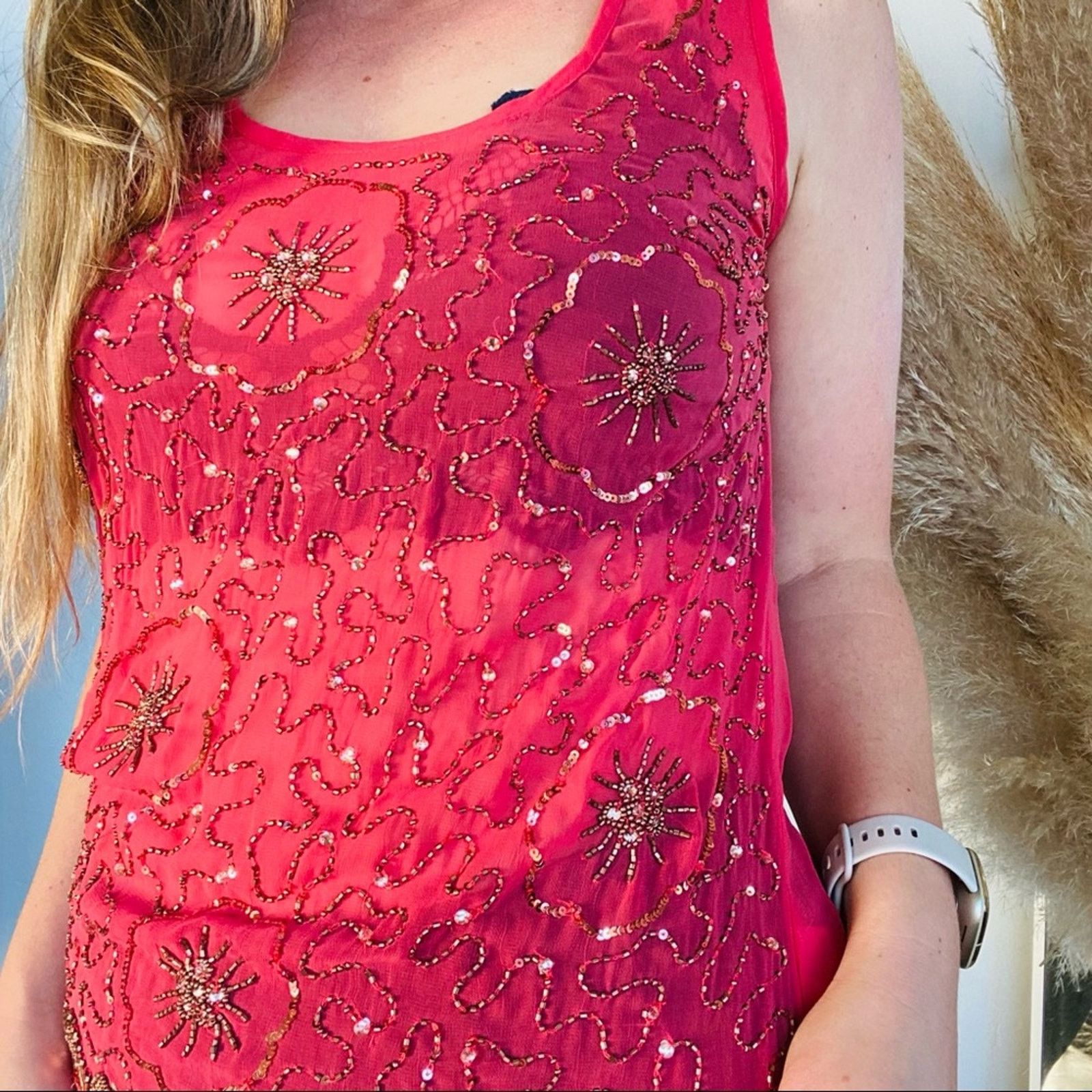 Anthropologie ANTHROPOLOGIE Pink Red Sequin Sheer Tank Top Blouse Shirt Size S / US 4 / IT 40 - 3 Thumbnail