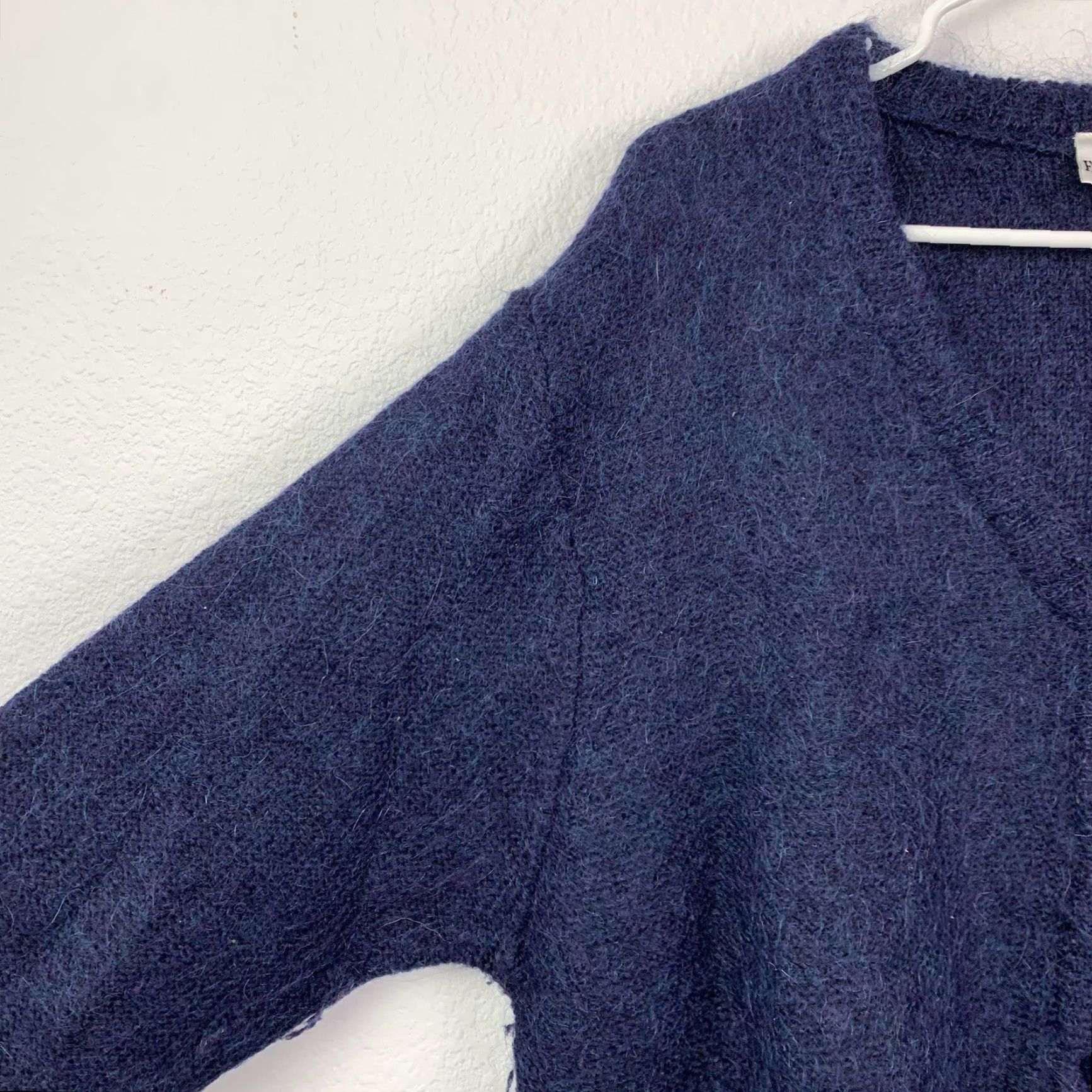 Vintage Fashion Bug Cardigan Sweater Plus Size 18/20W Navy Blue Mohair Blend Button-Front Fuzzy Knit Open-V-Neck Women's Casual, Cozy, Travel Size XXL / US 16-18 / IT 52-54 - 2 Thumbnail