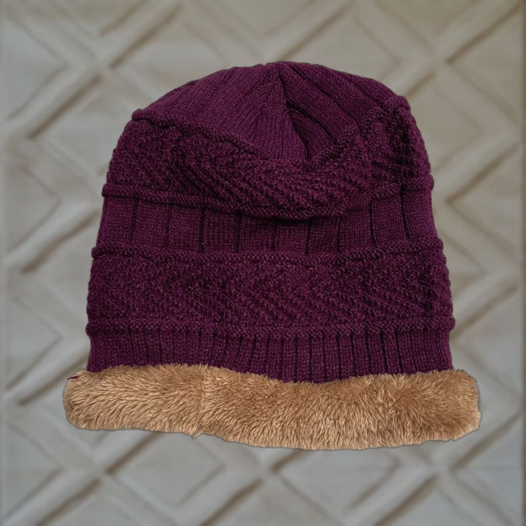 Vintage Hindawi Fur Trim Beanie Hat Womens One Size Purple Brown Knitted Casual Winter Size ONE SIZE - 1 Thumbnail