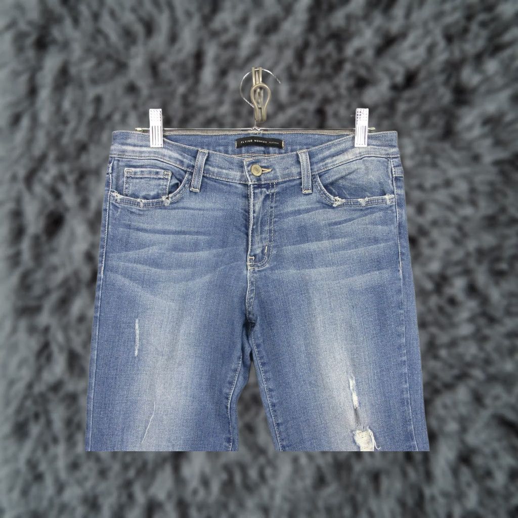 Vintage Flying Monkey Jeans Womens 29 Blue Medium Wash Low Rise Flare Distressed Frayed Size 29" - 1 Thumbnail