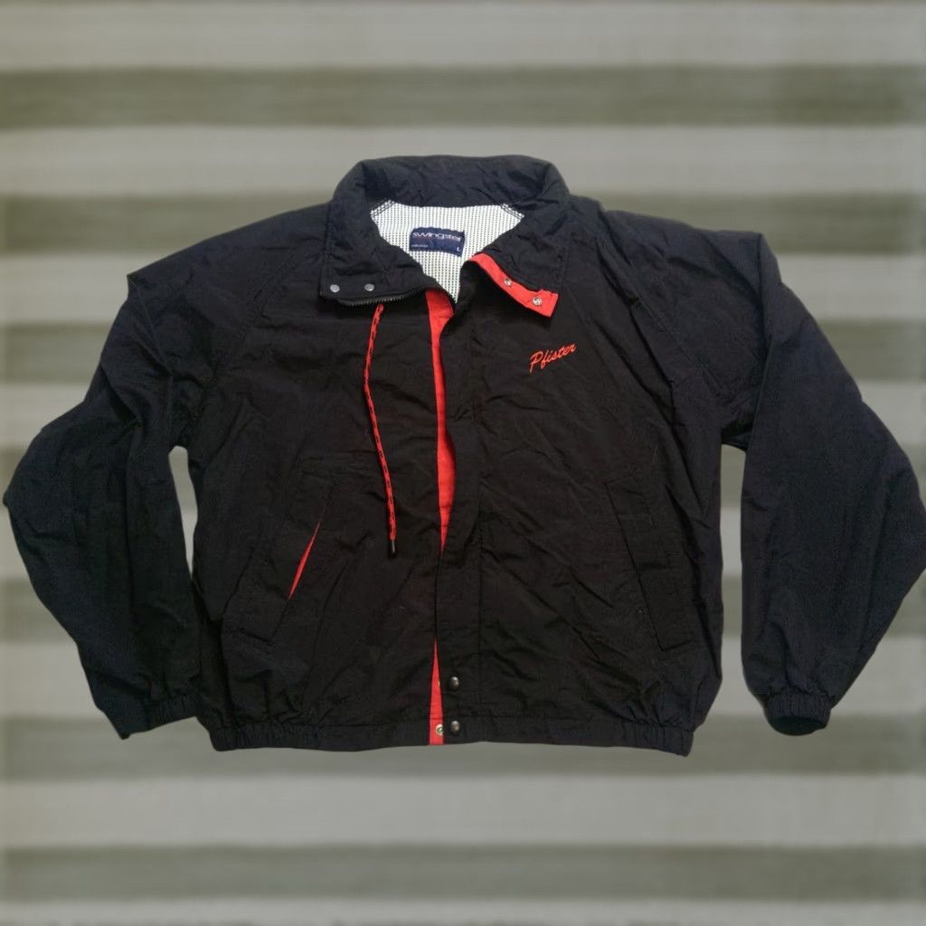 Vintage Swingster Jacket Mens L Black Red Trim Windbreaker Full Zip Snaps Vintage 90s USA Football Baseball Hockey Racing Walking Casual Workwear 46 in Chest Size US L / EU 52-54 / 3 - 1 Thumbnail