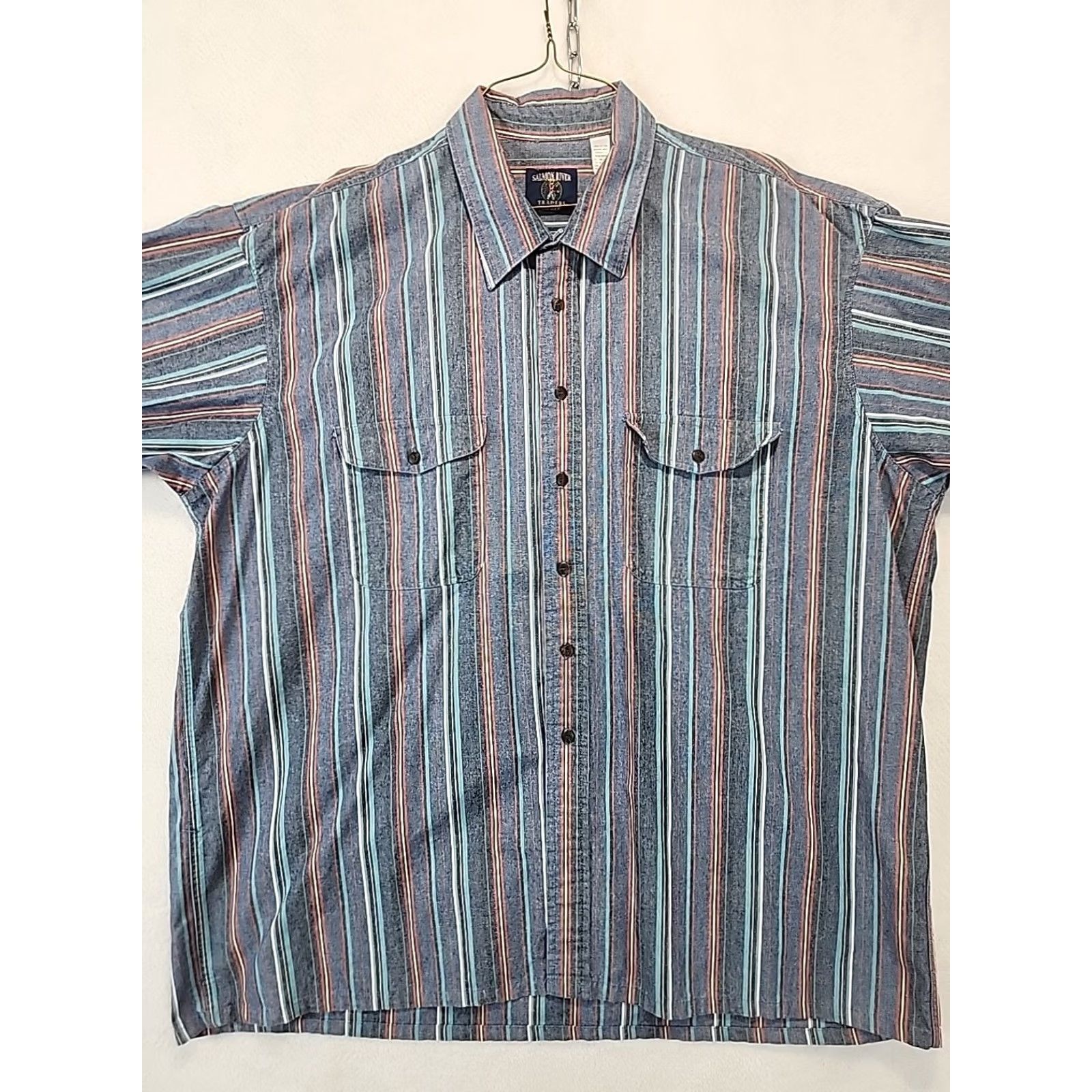 Vintage VINTAGE Salmon River Traders Men Blue Striped Western Dress Shirt 2XL Button-Up Long Sleeve Size 48R - 3 Thumbnail