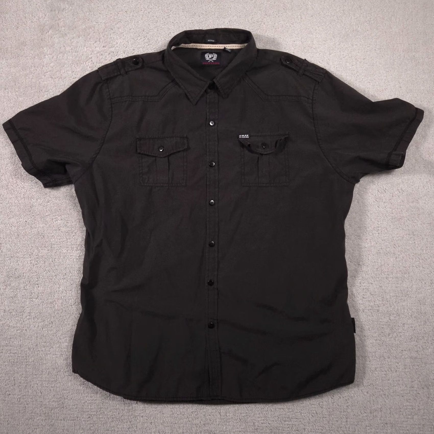 Phat Farm Phat Farm Shirt Mens 2XL Black Solid Button Front Short Sleeve Fitted Casual Size US XXL / EU 58 / 5 - 2 Thumbnail
