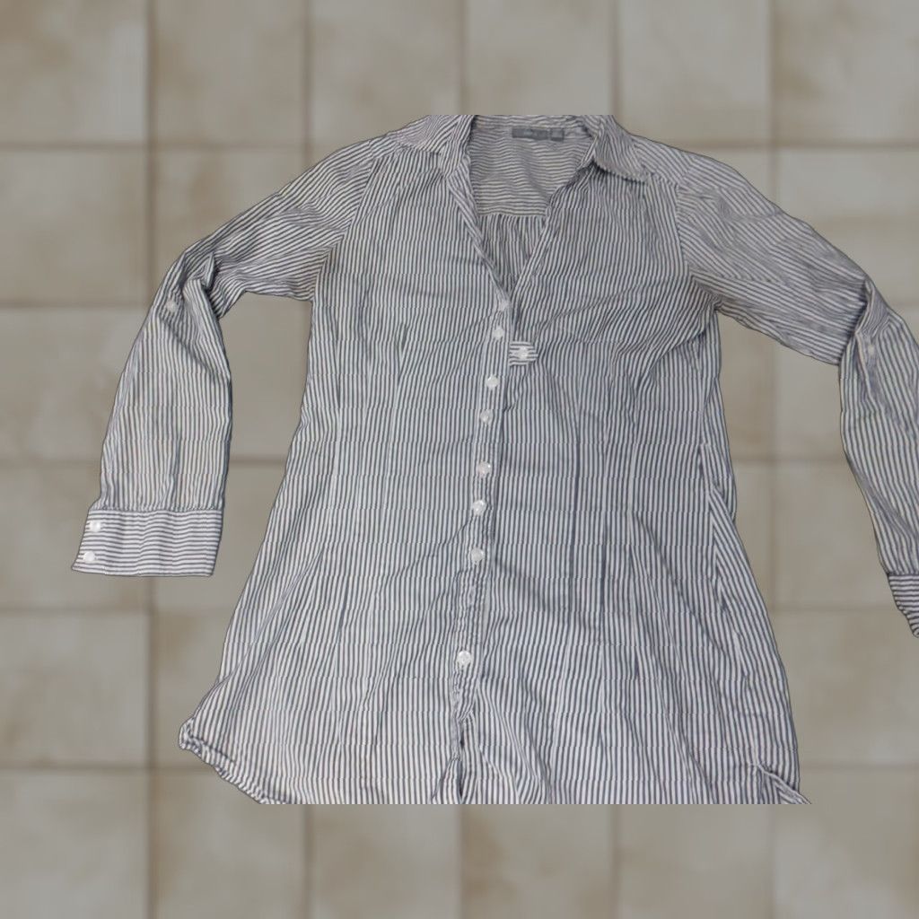 Apt. 9 Apt 9 Womens Blouse Small Gray Striped Button Down Shirt Casual Sleeve Collared Cotton Polyester Regular Basic Vintage No Size S / US 4 / IT 40 - 1 Thumbnail