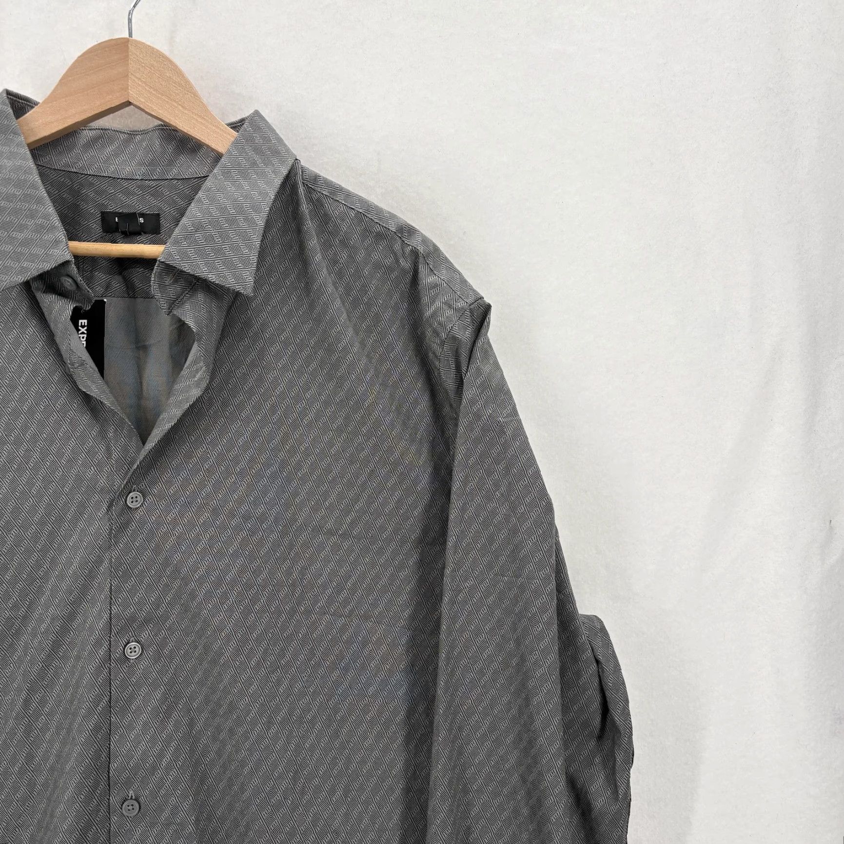 Express Express Shirt Mens 2XL Gray Geo Print Slim Fit Dress Shirt Size 48R - 2 Thumbnail