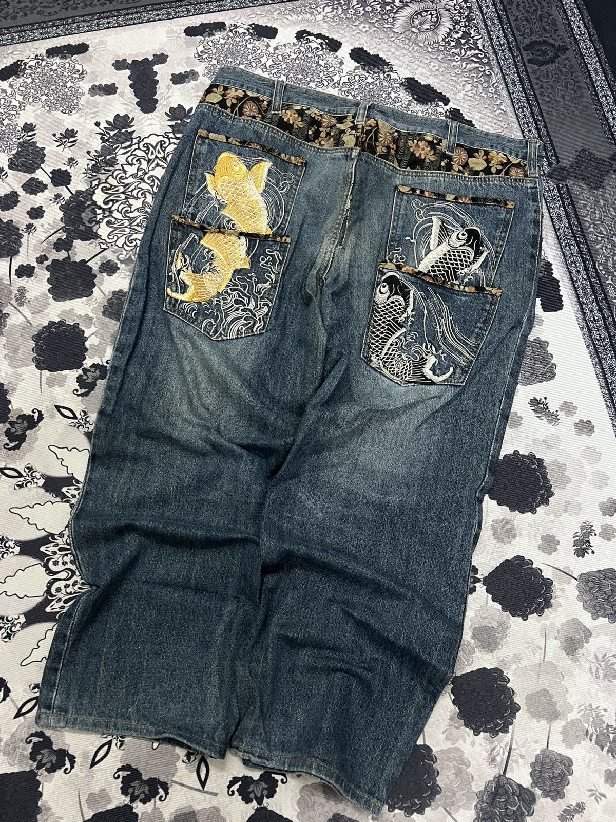 Karakuri Tamashii Vintage Karakurii Tamashi Koii Embroidery Baggy Jeans Size US 39 - 1 Thumbnail