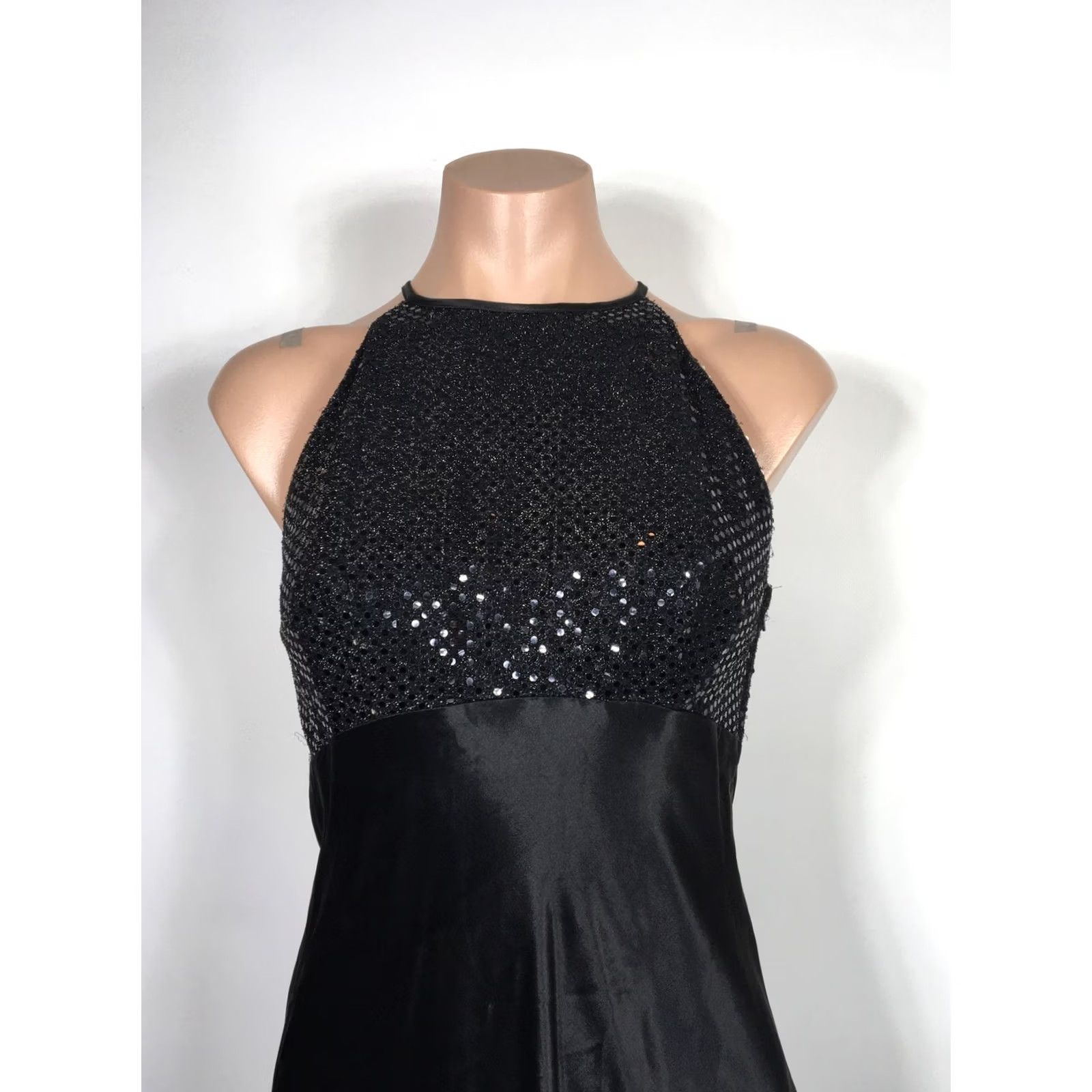 Vintage VTG ZUM ZUM Dress 90s y2k Black Satin A-Line Sequin Lattice Back Evening Gown 8 Size M / US 6-8 / IT 42-44 - 3 Thumbnail