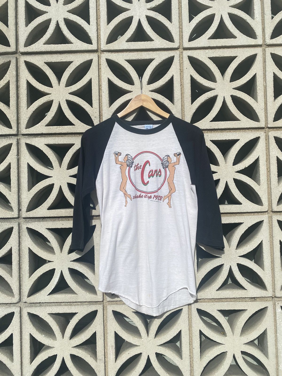 image of Band Tees x Vintage 1982 The Cars “Shake It Up” Raglan in White, Men's (Size Medium)